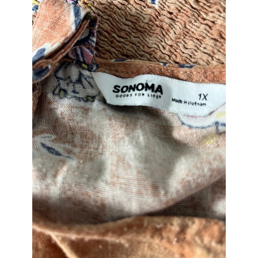 Sonoma Floral Midi Dress Womens 1X Brown Linen Blend Button Front Boho Cottage - Picture 4 of 13